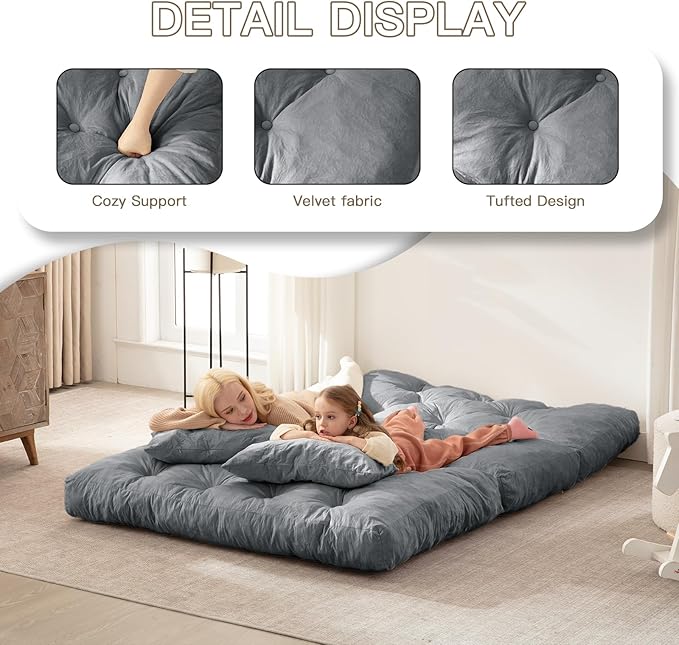 Folding Sofa Bed, Convertible Sleeper Chair with Pillow Foldable Mattress with Back Support, Portable Fold Out Chair Bed Comfy Floor Sofa Lounge for Living Room Bedroom, Dark Gray Twin 80x39 Inch