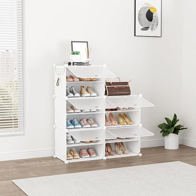 Shoe Rack 10 Tier Shoe Storage Cabinet with Door 20 Pair Tall Shoes Rack Organizer Free Standing Expandable Stable Plastic Easy Assembly Shoes Shelf for Closet Hallway Entryway Bedroom White - Image 4
