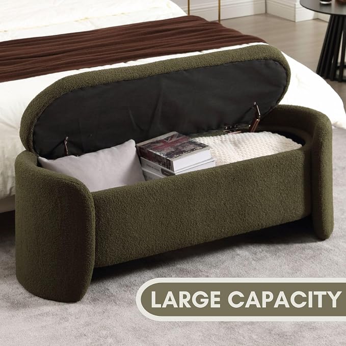 ROCTY Green Boucle Storage Bench - 50" Sherpa End of Bed Ottoman with Seating and Storage for Bedroom, Entryway, Living Room, Vanity or Makeup Room - Teddy Fabric - Image 6