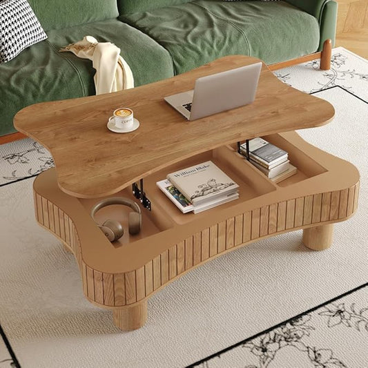 42.52'' Cloud Coffee Table with Lifting Top for Living Room Irregular Coffee Table Lift Up Tabletop Smart Coffee Tables with Storage Unique Low Center Tables Walnut