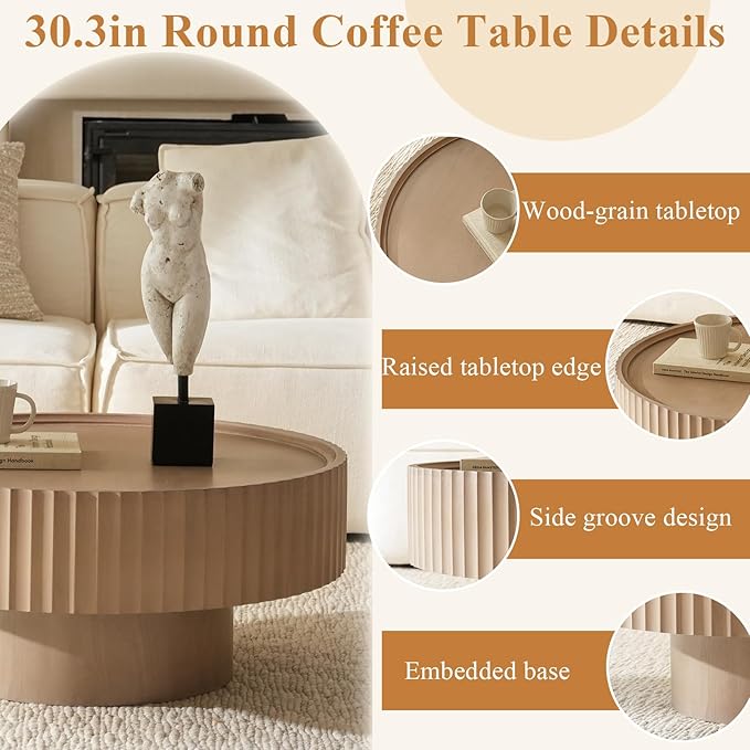 Round Coffee Table, 30.3in Modern Living Room Table, Fluted Drum Circle Tea Table with Storage, Accent Center Tables for Living Room, Apartment, Small Space(30.3''L×13.7''H)