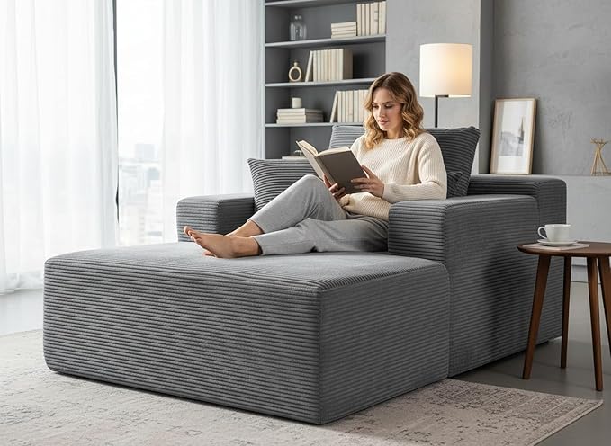 Monroe Convertible Chaise Lounge Chair Indoor – Oversized Corduroy Couch with Wide Armrest & Throw Pillows, Cozy Boneless Sleeper Sofa Bed Armchair, Dark Grey