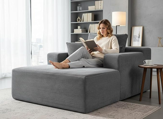 Monroe Convertible Chaise Lounge Chair Indoor – Oversized Corduroy Couch with Wide Armrest & Throw Pillows, Cozy Boneless Sleeper Sofa Bed Armchair, Dark Grey