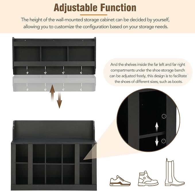 Shoe Storage Bench with Shelves and 4 Hooks, Entryway Hall Tree with Shoe Cabinets with Coat Rack - Image 5