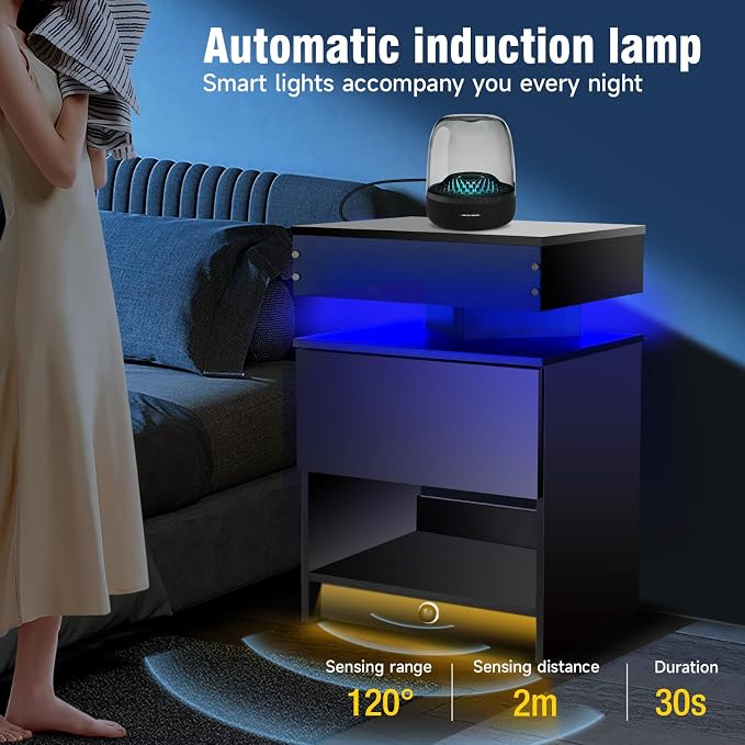 Nightstand with Induction Light & Side Charging Station, Modern Bedside Table with Drawer & Acrylic Bookshelf, Set of 2 Black End Tables for Bedroom - Final Stocks - Image 4