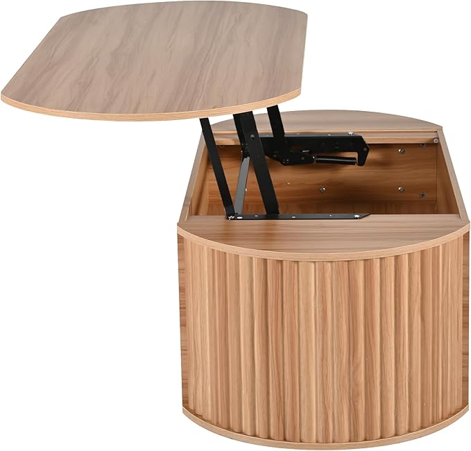 Lift Top Coffee Table with Storage Hidden Compartment, Partially Assembled Wooden Fluted Center Table, 47.2" Modern Oval Smart Lift Tabletop for Home Living Room Office-Natural