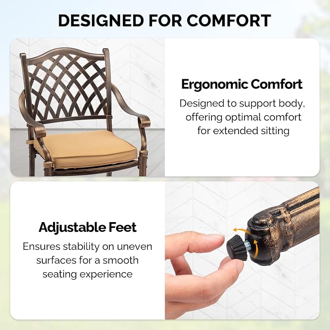 VINGLI Patio Chairs Set of 2 - Stackable Outdoor Cast Aluminum Dining Chairs with Vintage Bronze Finish and Diamond Pattern, Metal Armchairs for Poolside, Backyard, Balcony (with Cushion) - Image 5