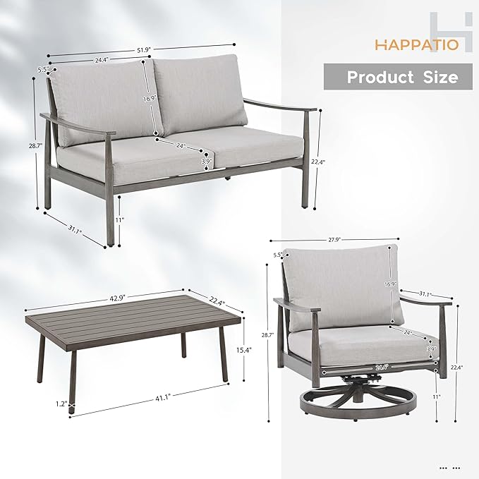 HAPPATIO Patio Outdoor Furniture Set - 4 Piece Aluminum Patio Conversation Set with 1 Coffee Table, 2 Swivel Chairs and 1 Loveseat, Aluminum Outdoor Furniture Set for Backyard Deck Poolside (Grey)