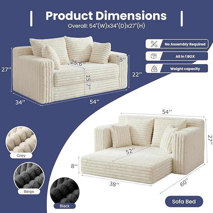 3-in-1 Convertible Sofa Bed: Boneless Loveseat Sleeper & Folding Couch Bed with 4 Pillows & Detachable Cushion,Furry Futon Couch for Bedroom,Apartment,Office and Living Room, No Assembly,Beige