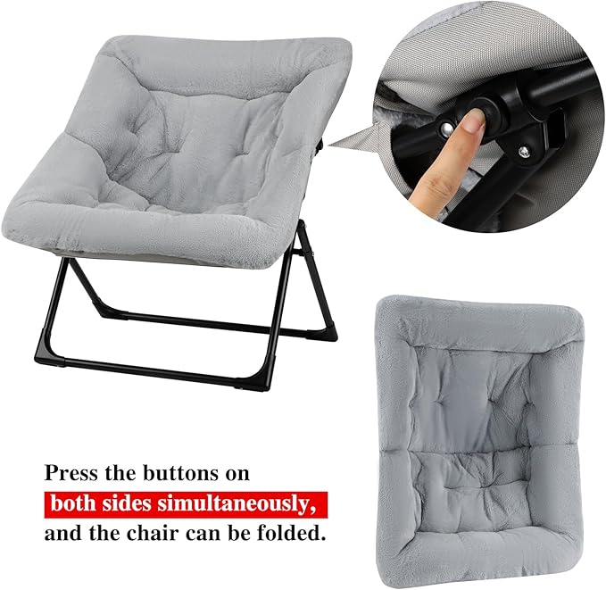 Comfy Saucer Chair for Adults, Soft Faux Fur Bedroom Chair, Accent Dorm Chairs, Flexible Living Room Reading Chairs, Oversized Folding Seat for Teens, X-Large, Grey