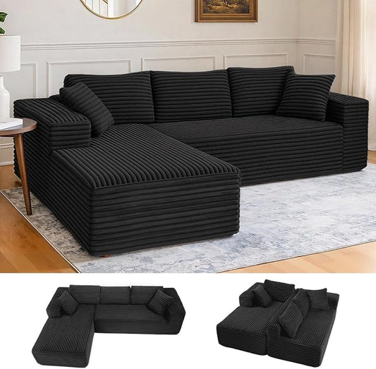LUCKLIFE 108" Modular Sectional Couch with L-Shape Chaise,Corduroy Upholstery Boneless Couches for Living Room,Oversized Sleeper Sofa,No Assembly Required (Black, L Shape with Left Facing Chaise)