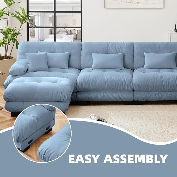 173.2" U-Shaped Cloud Couch, Oversized Modular Sectional Sofa, Deep Seat Cloud Boneless Couch, 4-Seat Modular Sectional Sofa with 2 Ottoman or Living Room,Bedroom and Apartment, Blue