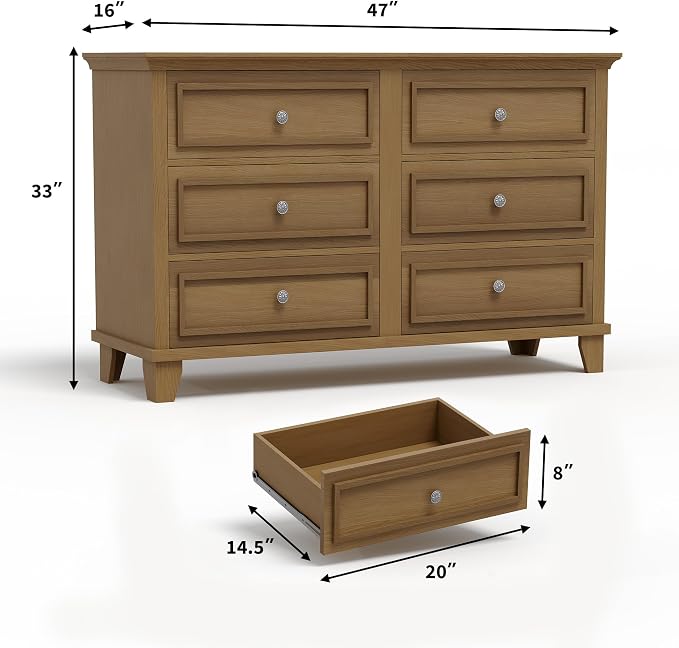 GAOMON Dresser for Bedroom, 6 Drawer Wide Dresser Storage Organizer, Modern Wooden Chest of Drawers with Metal Handles for Hallway, Entryway, Home Office, Brown - Image 2