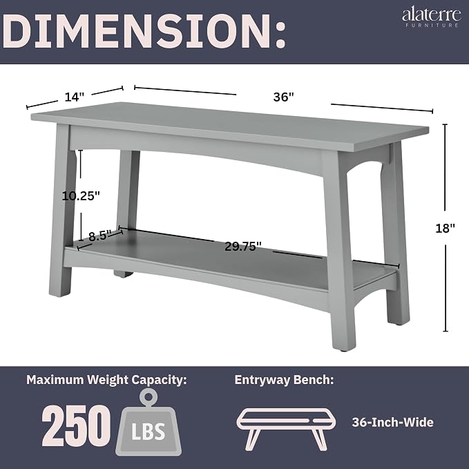 Craftsbury 36-Inch Wood Entryway Bench with Storage Shelf – Dove Gray Accent Bench for Entryway, Hallway, or Living Room – Small Space Seating with Farmhouse Charm by Alaterre Furniture - Image 3
