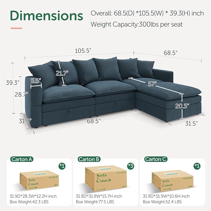 HONBAY Modular Sectional Sofa, 105.5 Inch Corduroy Sectional Couch, 4 Seaters L Shaped Sofa with Storage & Pillows for Living Room, Blue