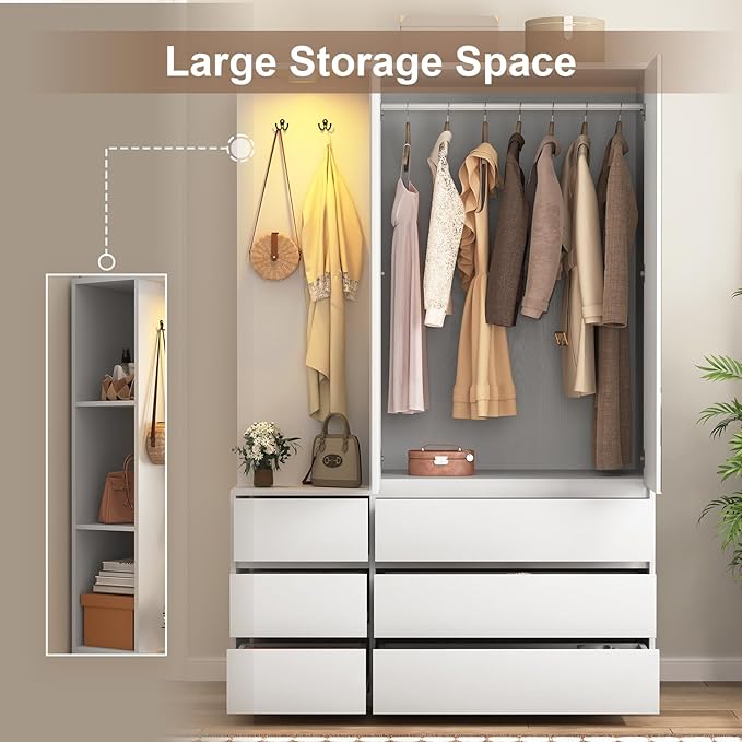 72'' Armoire Wardrobe Closet with Mirror and 6 Drawers,Bedroom Armoire Wardrobe Cabinet with Hanging Rod and Light,Wooden Bedroom Closet with 3 Storage Shelf (White)