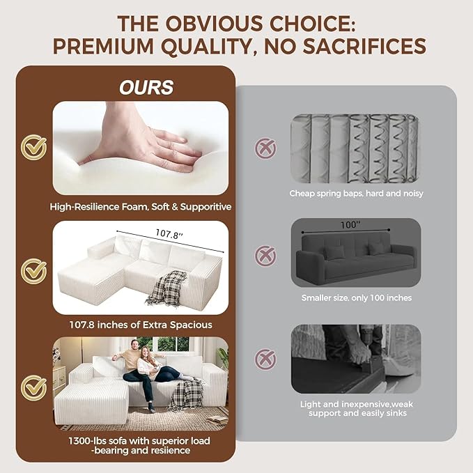106" Boneless Couches for Living Room, Modular Sectional Sofa, L-Shape Sofa Couches,Cloud Couch Sectional, Comfy Corduroy Sofa, with Deep Seat, No Assembly Required (White, 108"+Left Facing Chaise)