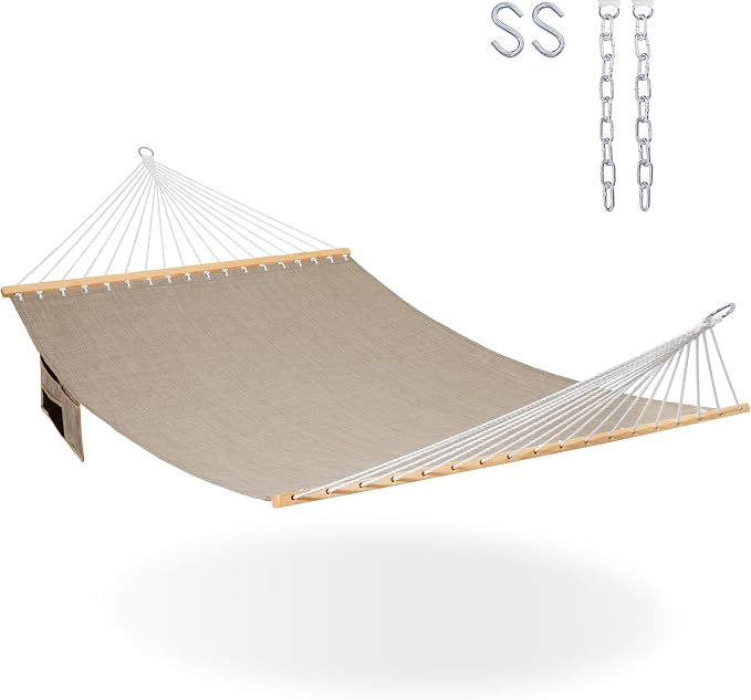 Lazy Daze Hammocks 11 FT Double Outside Hammock Quick Dry Olefin Fabric Hammock with Spreader Bar & Side Pocket for Outdoor Poolside Backyard 450 lbs Capacity, Khaki by LazyDazeHammocks