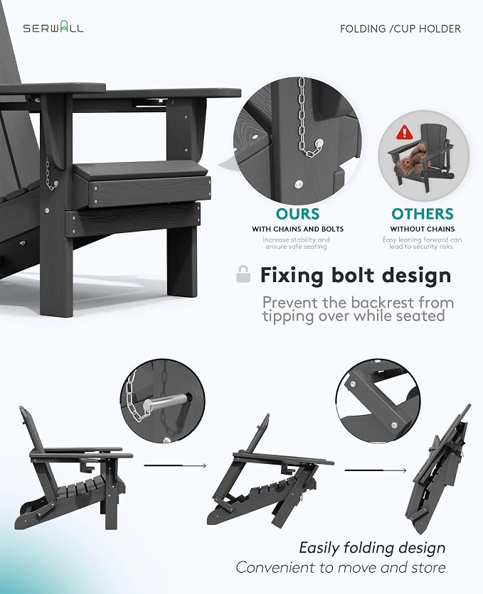 SERWALL Foldable Adirondack Chair Set of 6, HDPE Adirondack Chair with Wood-Texture-Gray - Image 7
