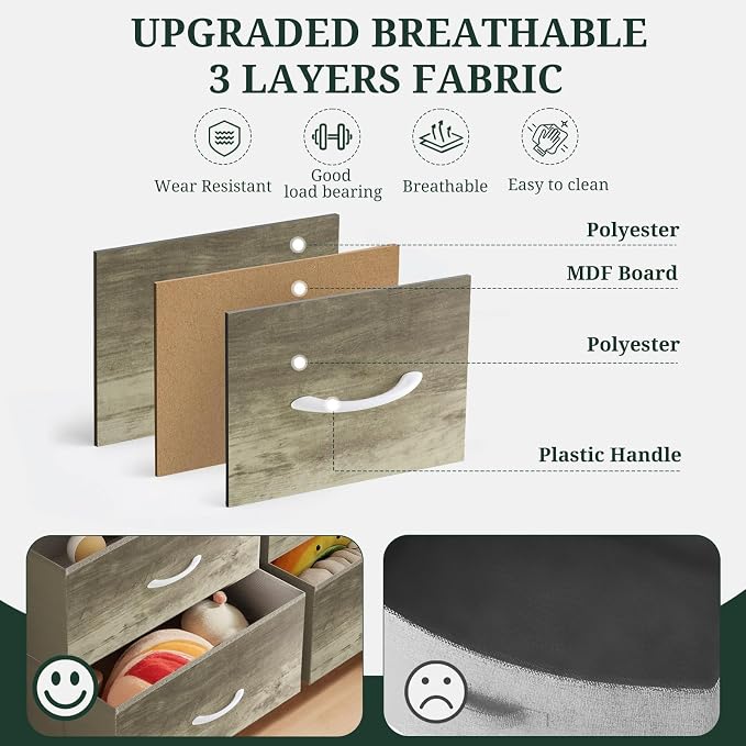 7-Drawer Dresser for Bedroom, Anti-Tip Wide Storage Organizer Fabric Chest of Drawers TV Stand for 45" TV with Wooden Top and Metal Frame for Closet, Living Room, Hallway, Entryway, Greige Oak - Image 7