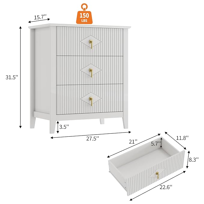 GarveeHome 2Pcs Wood Nightstand Fluted Dresser for Bedroom, 27.5" Wide 3-Drawer Bedside Tables, Modern Chest of Drawers, Storage End Table Living Room, Hallway, Entryway, White - Image 3