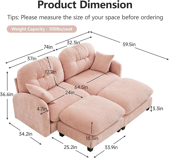 KEIKI 74" Oversized Chenille Modular Sectional Loveseat Sofa with 2 Ottoman, High-Density Foam Cushions, Tufted Pleated Cushion Backrest, Modern 2-Seater Couch with 2 Pillow, for Living Room, Pink