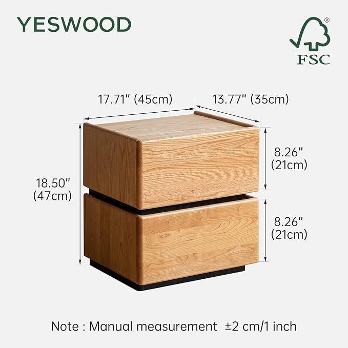 YESWOOD 100% Solid Wood Nightstand with 2 Drawer, Natural Oak Night Stand, Cherry Wood Night Stands, Mid Century Modern Nightstands, Small Wooden Bedside Table for Bedroom(18.50" H) - Image 3