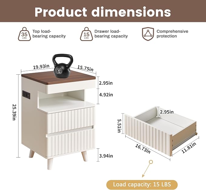 Eifizek Fluted Nightstand with LED Light & Charging Station, Modern Bed Side Table with 2 Storage Drawers & Open Shelf, Wooden End Table with Concealed Drawer for Bedroom, Living Room, White - Image 2
