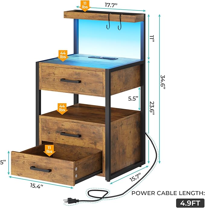 VIAGDO Led Nightstand with Charging Station, 3 Drawers Night Stands with Led Lights, Rustic Brown Bedside Tables with Storage Shelves, Modern End Side Tables for Bedroom, Office - Image 2