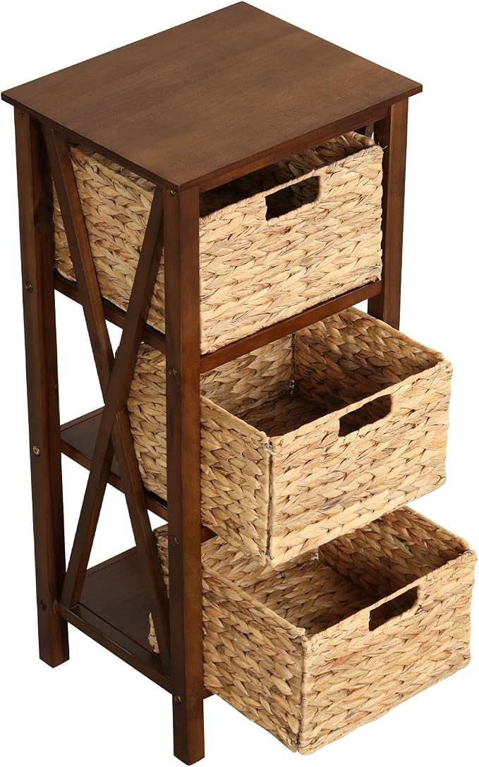 Giantex 3-Tier Nightstand with 3 Wicker Baskets, Wooden X-Design Side Table End Table, Beside Table with Acacia Wood Legs, Mid Century Accent Storage Cabinet for Small Spaces, Bedroom, Walnut - Image 9