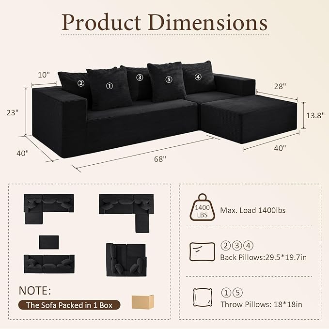INGEROOM 108" Modular Cloud Sectional Couch with Deep Seat, Boneless Sofa with Movable Ottoman, Plush Corduroy Memory Foam Couch for Living Room, No Assembly, Black