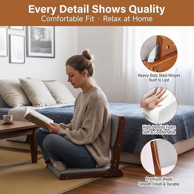 Tiita Foldable Tatami Chair, Japanese Floor Chair, Wood Legless Back Rest Chairs with Cushion, Accent Meditation Floor Chairs Bay Window, Walnut Grey
