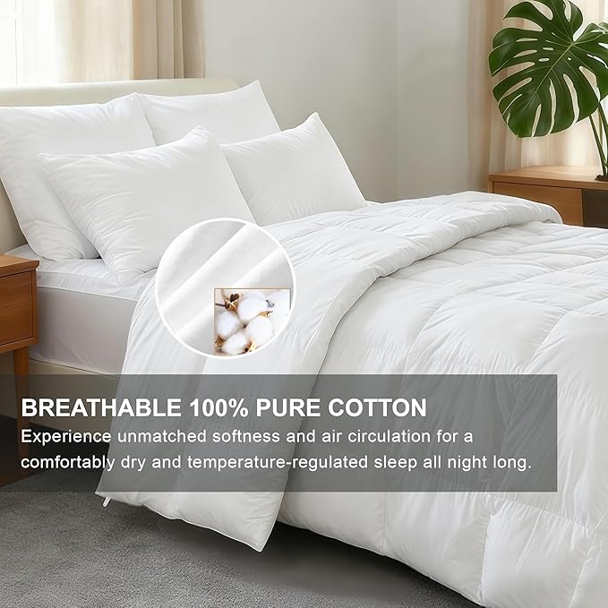 Goose Feather Down Comforter King Size, White 100% Cotton Duvet Insert, All Season Hotel Bedding Fluffy Cotton Comforter with Corner Tabs (White, King)