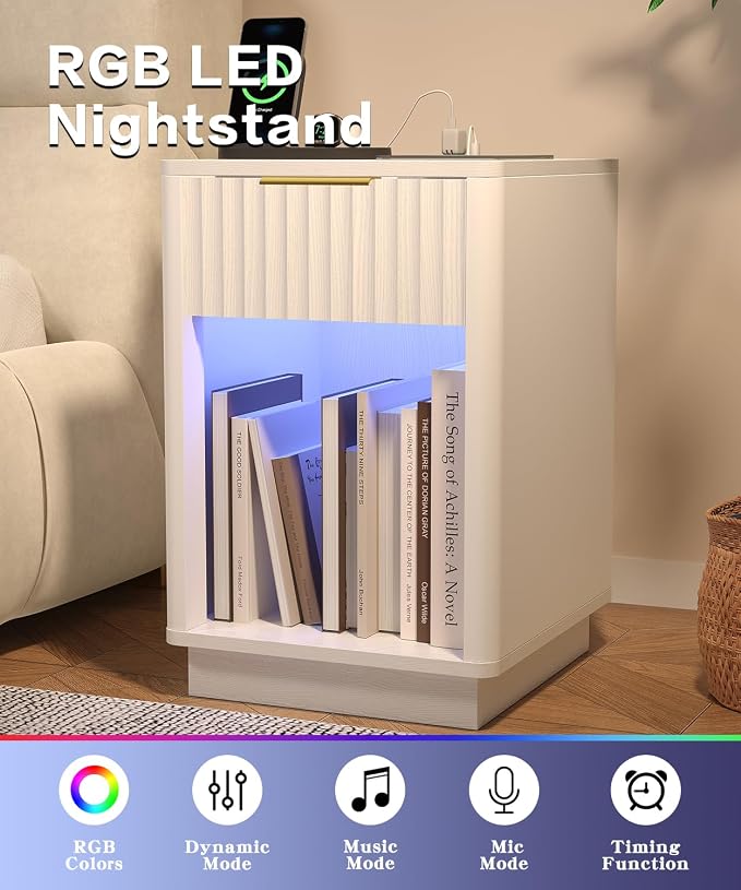 Akxomel Fluted Nightstand, Wooden Night Stand with Charging Station and LED Light, Modern Mid Century End Table with Drawer, 15" D x 15.7" W x 22.6" H, for Bedroom, White - Image 4