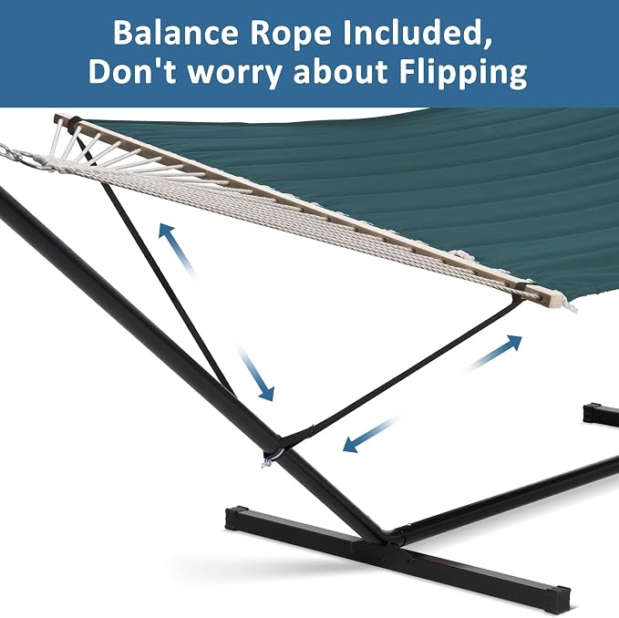 SUNCREAT Hammocks Extra Large Double Hammock with 12 ft Stand for Outside, 475lbs Capacity, Outdoor Portable Hammock with Hardwood Spreader Bar, Extra Large Pillow, Dark Green - Image 3