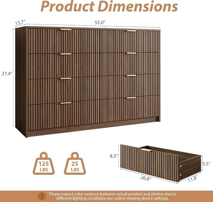 MAISONARIA 3-Piece Dresser Bedroom Set, 8 Drawer Dresser & 2 Drawer Nightstands with Gold Handles, Fluted Wood Chest of Drawers for Bedroom, Living Room, Entryway, Walnut