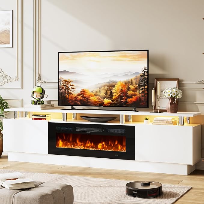 80" TV Stand & Media Console, Entertainment Center with Storage Shelves, Fits TVs up to 90", Modern Living Room Cabinet, 36" Electric Fireplace (White+Black) by Unknown