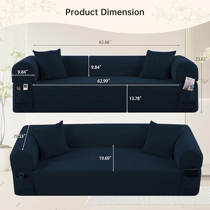 83'' Boneless Sofa in A Box, 3-Seater Floor Sofa No Assembly Corduroy Couch for Living Room, Cloud Couch with 2 Pillows & Storage Bag, Memory Foam Small Floor Couches for Office, Navy Blue