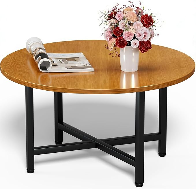 Coffee Table, 23.6" Coffee Tables for Living Room, Round Coffee Table with Metal Frame, Floor Table for Sitting on The Floor, Home, Office, Honey Brown