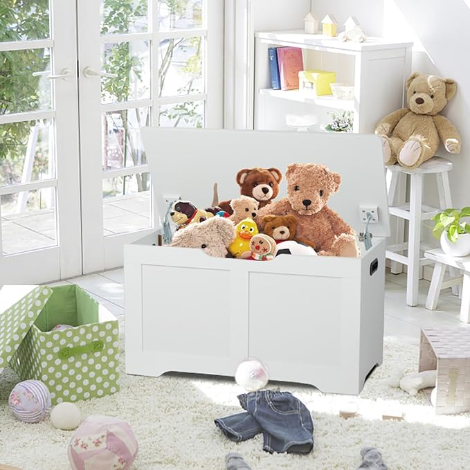 Timberer 31.5" Storage Chest, Wooden Storage Bench, Lift Top Toy Chest with 2 Safety Hinges, Large Toy Box, Entryway Shoes Bench for Living Room, Bedroom, White - Image 2