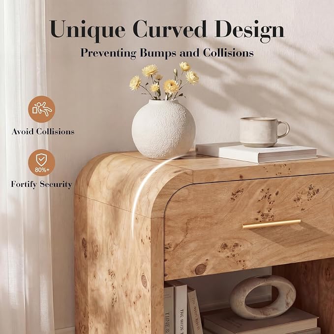 Night Stand Set of 2 [Unique Curved Profile] [FSC-Certified Wooden Board] 1-Drawer and 1 Storage Shelf Nightstand 24" H Metal Handle Modern Bedside Table Side Table End Table - Image 4