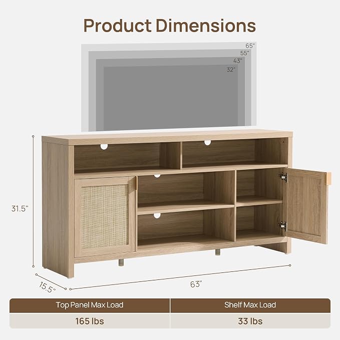 SICOTAS 63" Rattan TV Stand for TVs up to 65" - 31.5" Tall TV Stands for Living Room Boho Entertainment Center with Large Storage and Doors, Modern Wood Media Console for Bedroom, Light Oak - Image 2