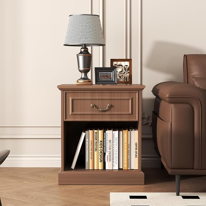 Nightstand Set of 2 with Drawer and Open Shelf, Wooden Bed Side Table for Bedroom, Modern End Table Side Table for Living Room, Small Night Stand Set 2 Furniture for Small Spaces (Walnut) - Image 6
