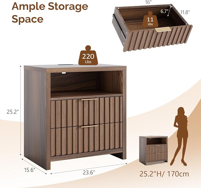 VINGLI Fluted Nightstand Set of 2 with Charging Station, 23.6" W Mid Century Modern Nightstand for Bedroom, 2 Drawer Bedside Table, End Tables Bedroom, Wood Side Table, Brown - Image 3