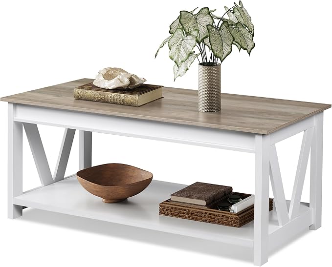 WLIVE Farmhouse Coffee Table, 43" Coffee Table for Living Room, Modern Center Table with Storage Shelf, V Shaped Support, Grey&White