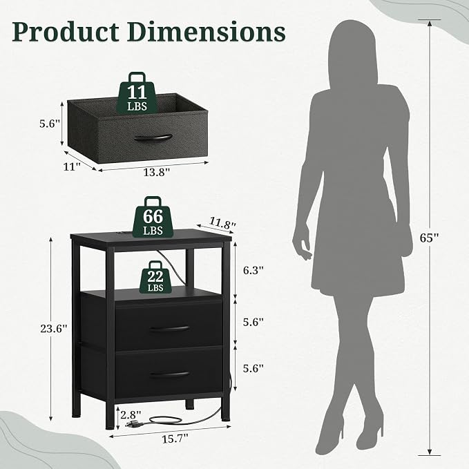 Nightstand with Charging Station, Bedside Table with USB Ports & Outlets, Small Dresser End Table with 2 Fabric Drawer and Open Storage Shelf, Wooden Top for Bedroom, Black - Image 2