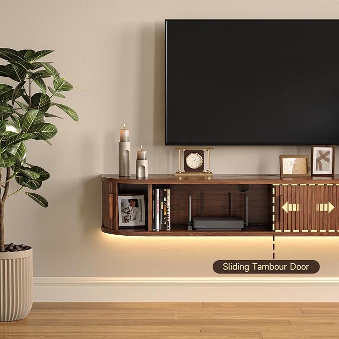 55" Floating TV Stand with Power Outlet for TVs up to 65", Fluted Entertainment Center with Remote Control for LED Lights, Mid-Century Modern TV Console w/Sliding Door for Living Room, Bedroom Walnut - Image 4