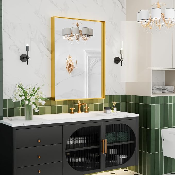 22x30 Inch Gold Bathroom Mirrors for Over Sink, Rectangular Vanity Mirror, Wall Mounted Mirrors, Anti-Rust, Tempered Glass, Framed Vanity Mirror, Horizontal or Vertical - Image 6