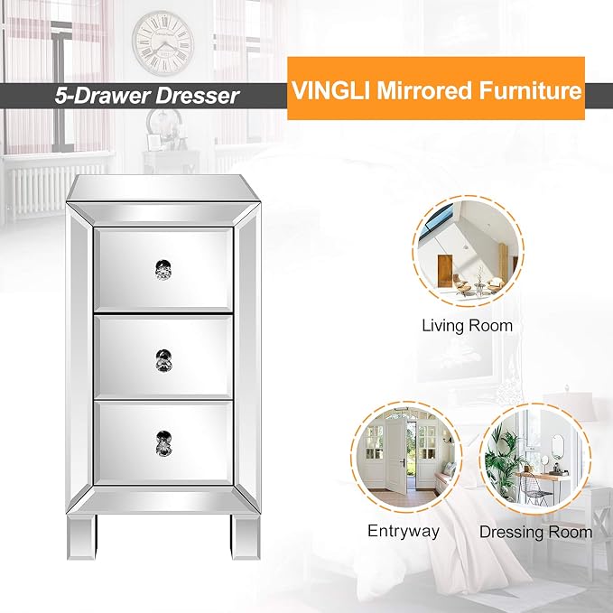Bonnlo 3-Drawer Mirrored Nightstand End Table Bedside Table for Bedroom, Living Room, Silver, 11.7" L x 11.8" W x 23.8" H - Image 4