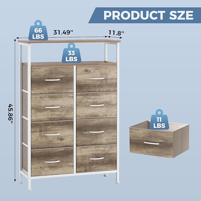 DUMOS Fabric Dresser for Bedroom with 8 Drawers, Tall 8-Drawer Chest of Drawers with Raised Shelf, Storage Tower with Fabric Bins for Closet Organization, Hallway Storage, Oak - Image 3